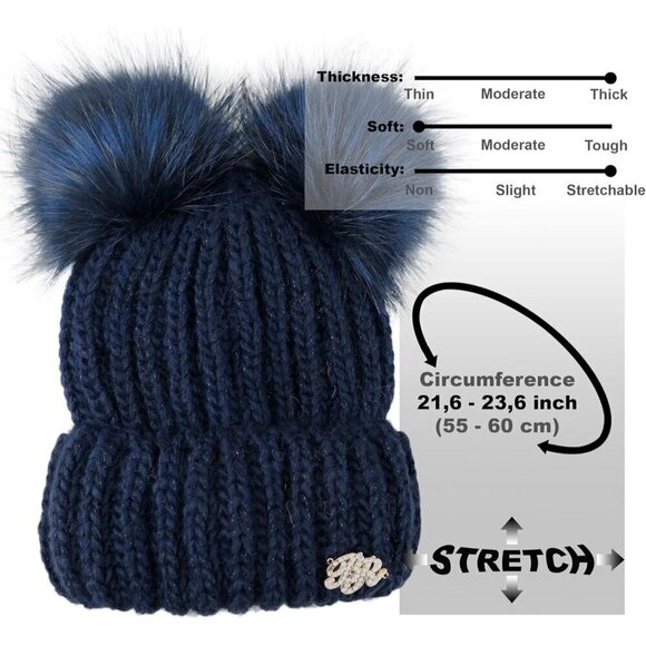 Braxton Beanie for Women - 2 Pom Cable Knit Warm Fleece- Wool Snow Cuff Ski Cap - Picture 4 of 7